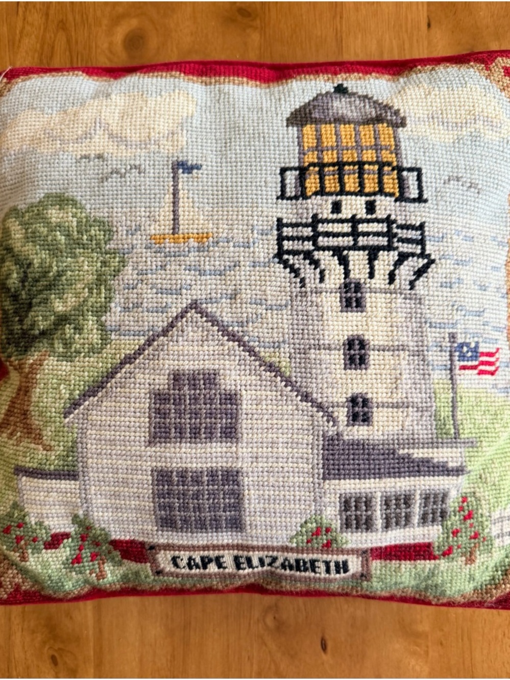 Cape Elizabeth Lighthouse Needlepoint Accent Pillow - White, Red, Green